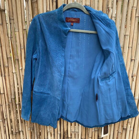 Hal Rubenstein Teal Laser Cut Collarless Suede Jacket Sz S NWT - Picture 2 of 8